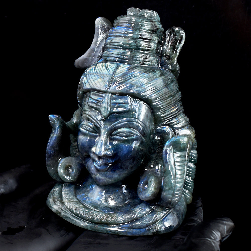 Gorgeous 5860.00 Cts Genuine Blue Flash Labradorite Hand Carved Crystal Gemstone Shiva Head Carving