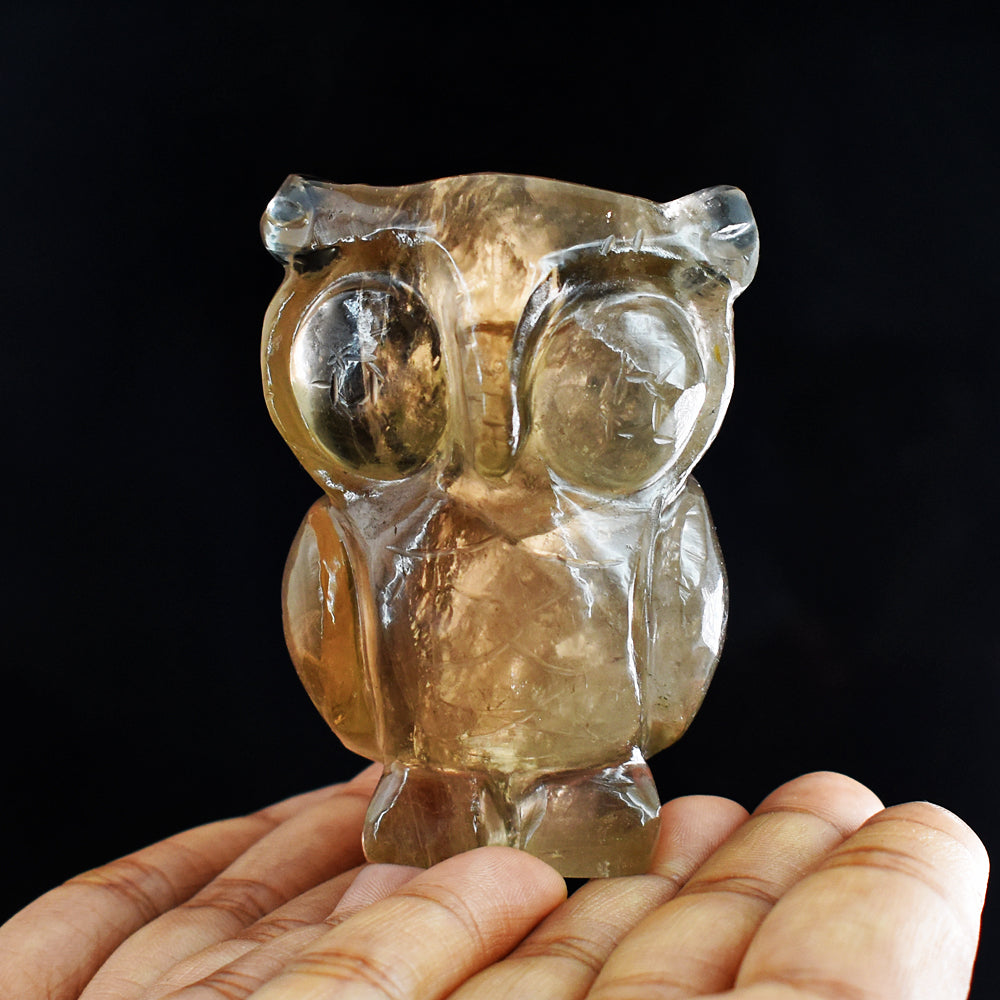 Beautiful 835.00 Cts Genuine Champagne Fluorite Hand Carved  Crystal Gemstone Owl Carving