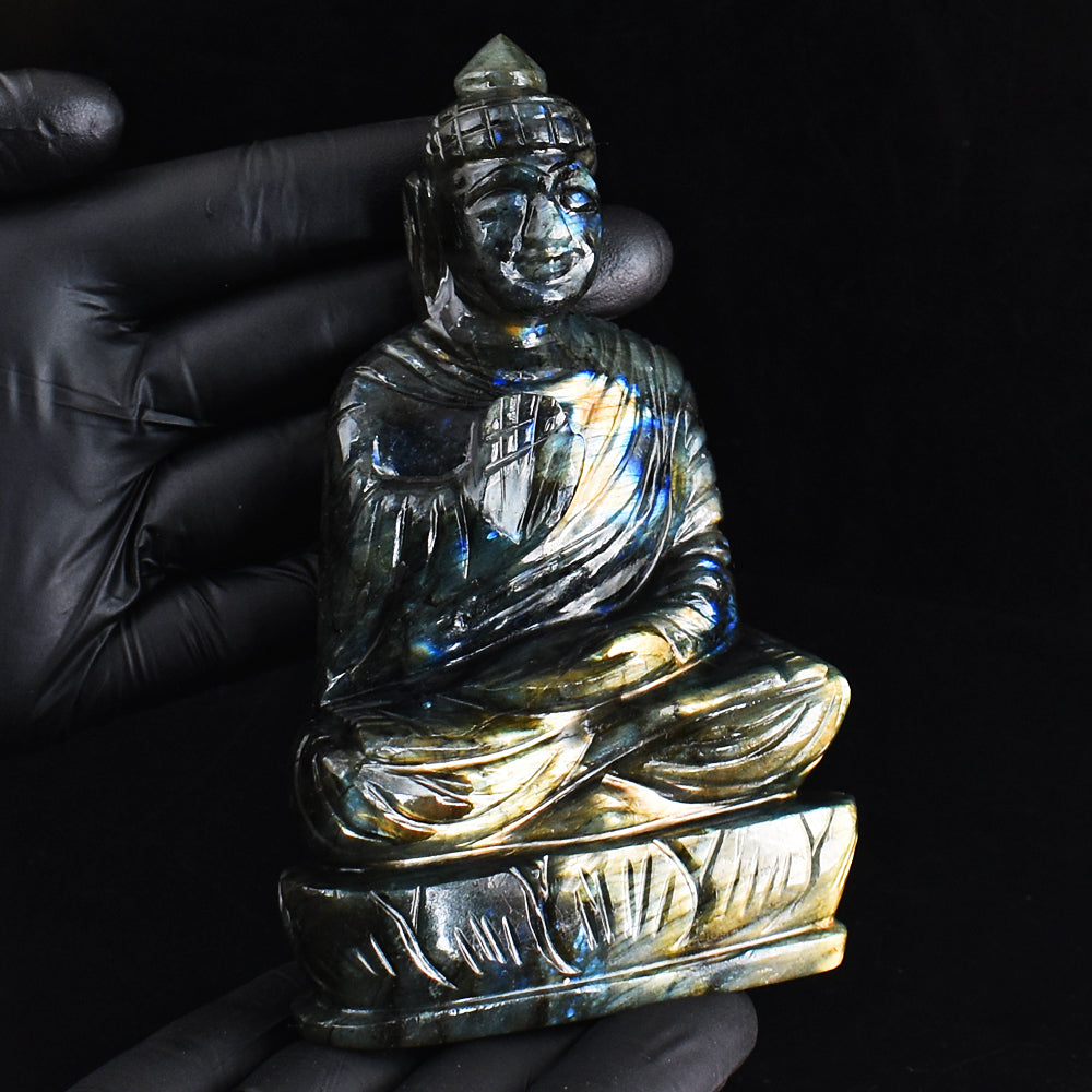 Awesome 2015.00 Cts Genuine Orange & Blue Flash Labradorite Hand Carved Buddha Statue Gemstone Carving