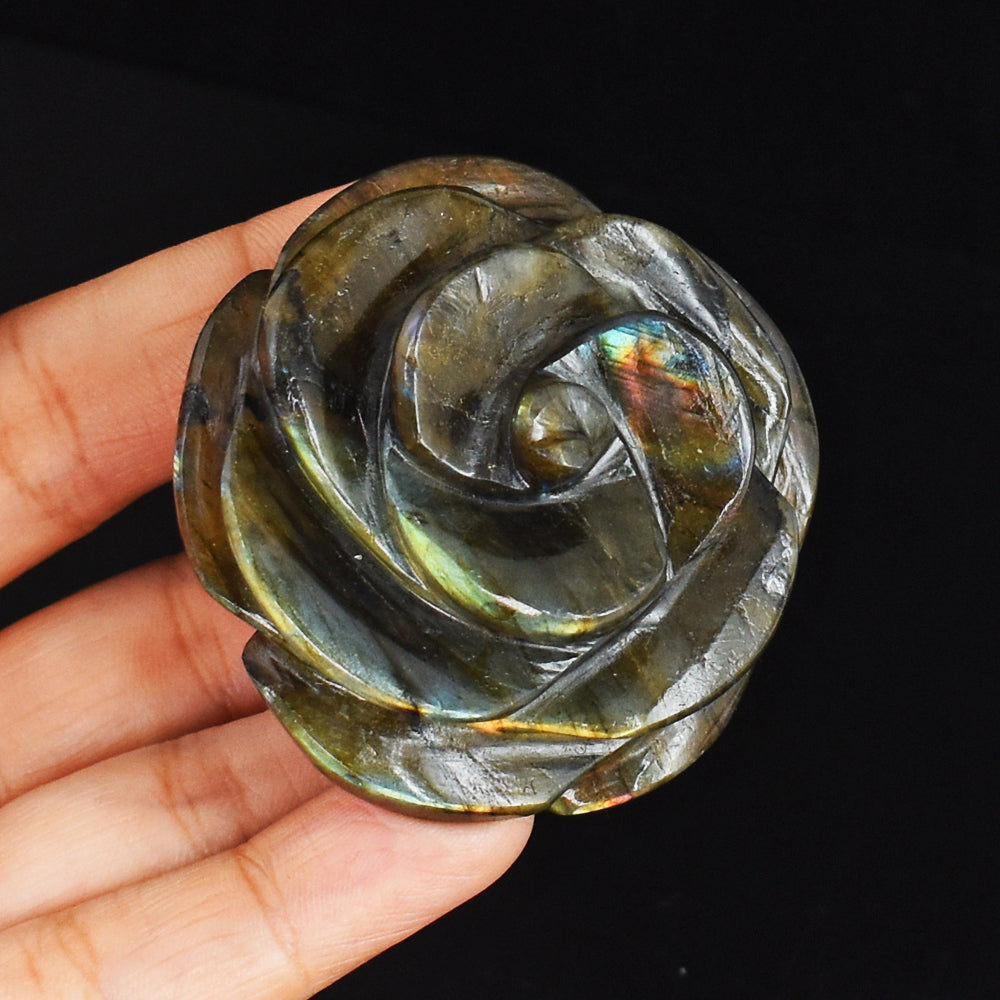 Genuine 426.00 Cts Golden & Blue Flash Labradorite Hand Carved Gemstone Crystal Rose Flower Carving