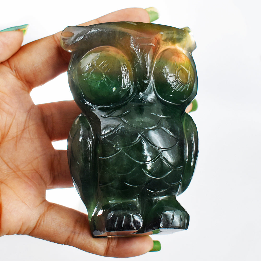 Exclusive  1900.00 Cts Genuine Multicolor Fluorite Hand Carved Crystal Gemstone Owl Carving