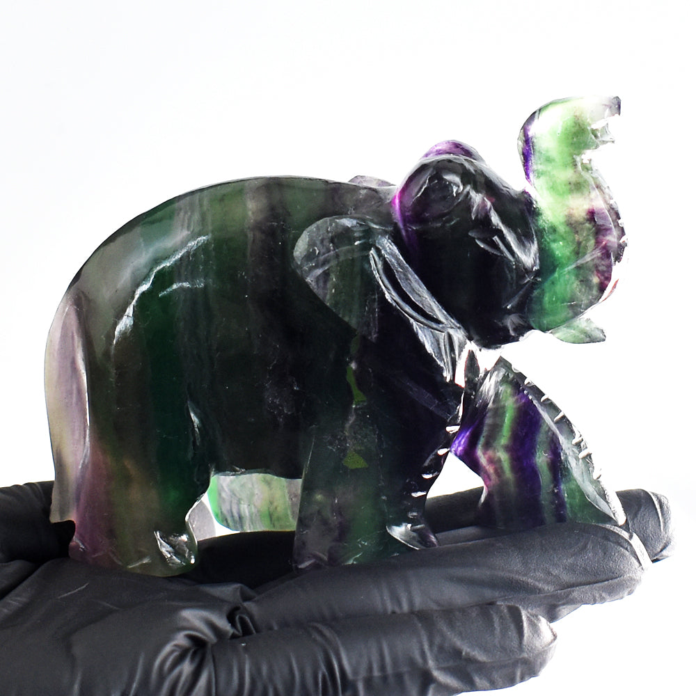 Artisian 1740.00 Cts  Genuine Multicolor  Fluorite Hand Carved Gemstone Elephant Crystal Carving