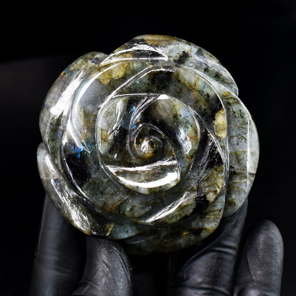 Exclusive 569.00 Carats Genuine Blue Flash Labradorite Hand Carved Gemstone Crystal Rose Carving