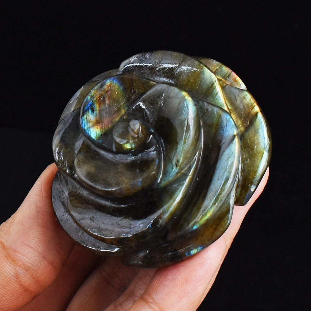 Genuine 426.00 Cts Golden & Blue Flash Labradorite Hand Carved Gemstone Crystal Rose Flower Carving