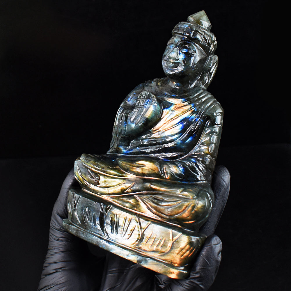 Awesome 2015.00 Cts Genuine Orange & Blue Flash Labradorite Hand Carved Buddha Statue Gemstone Carving