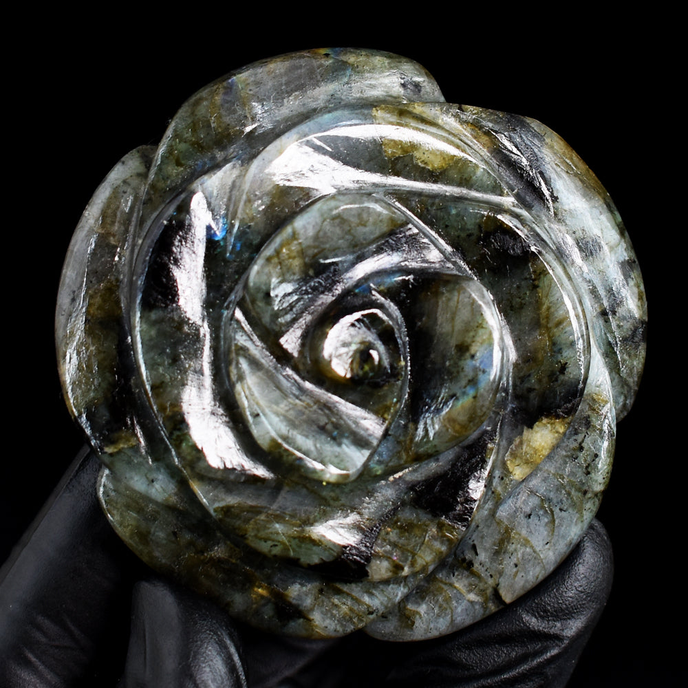 Exclusive 569.00 Carats Genuine Blue Flash Labradorite Hand Carved Gemstone Crystal Rose Carving