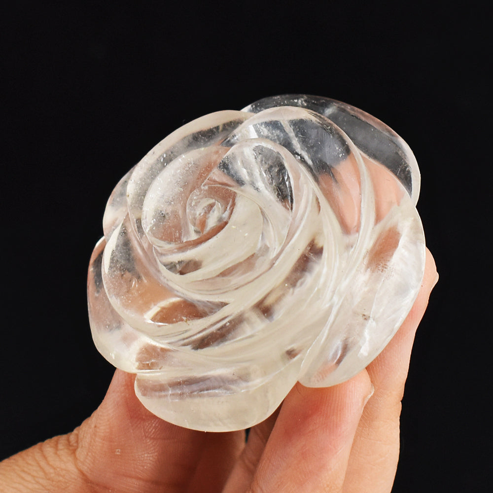 Artisian 322.00  Cts Genuine White Quartz Hand Carved Crystal  Rose  Flower Gemstone Carving