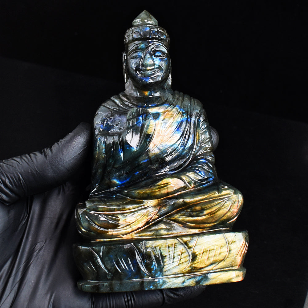 Awesome 2015.00 Cts Genuine Orange & Blue Flash Labradorite Hand Carved Buddha Statue Gemstone Carving