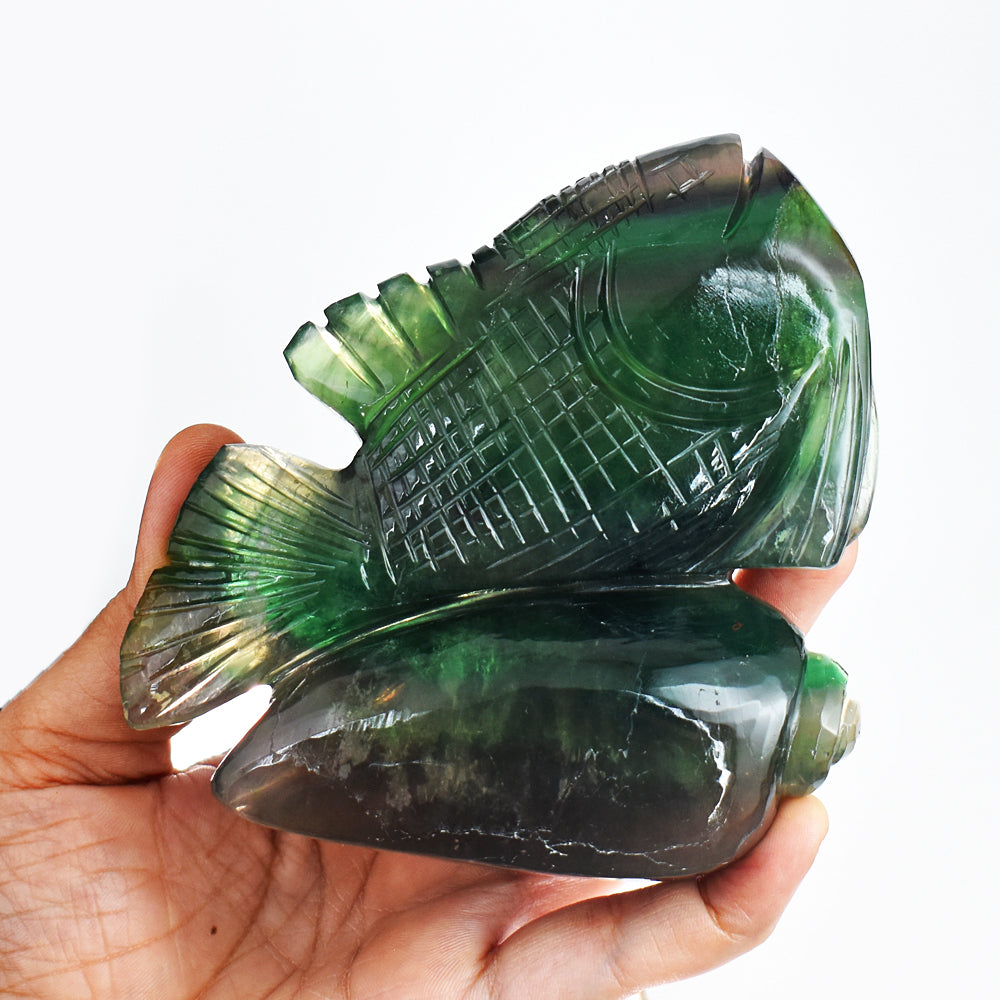 Beautiful 2657.00 Cts Genuine Multicolor Fluorite Hand Carved Crystal Gemstone Carving Fish