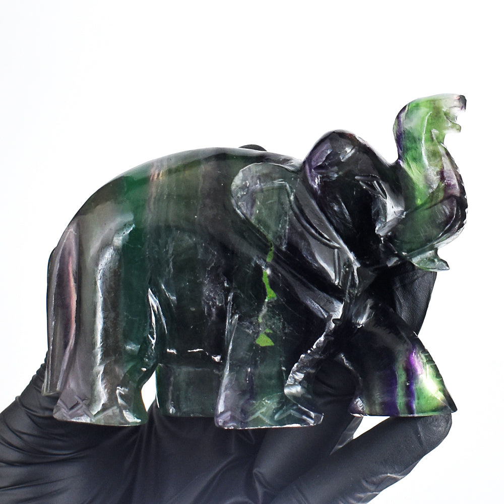 Artisian 1740.00 Cts  Genuine Multicolor  Fluorite Hand Carved Gemstone Elephant Crystal Carving