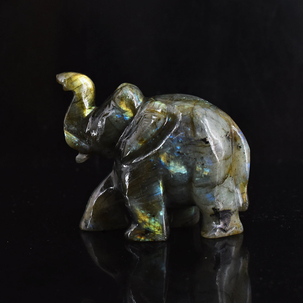 Artisian 912.00 CtsGenuine Golden & Blue Flash Labradorite Hand Carved Gemstone Carving Elephant