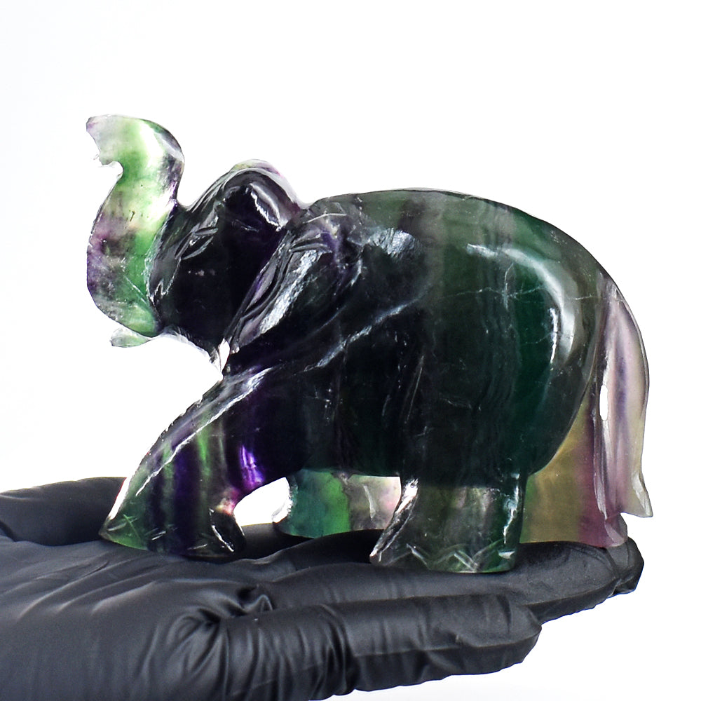 Artisian 1740.00 Cts  Genuine Multicolor  Fluorite Hand Carved Gemstone Elephant Crystal Carving