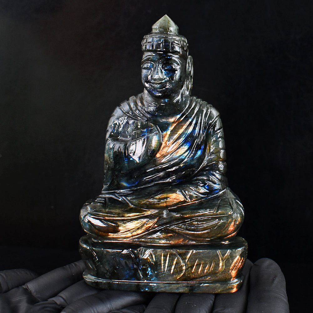 Awesome 2015.00 Cts Genuine Orange & Blue Flash Labradorite Hand Carved Buddha Statue Gemstone Carving