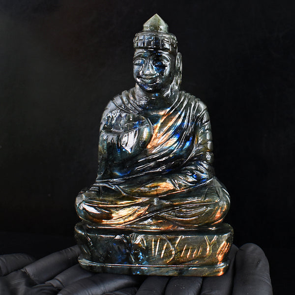 Awesome 2015.00 Cts Genuine Orange & Blue Flash Labradorite Hand Carved Buddha Statue Gemstone Carving