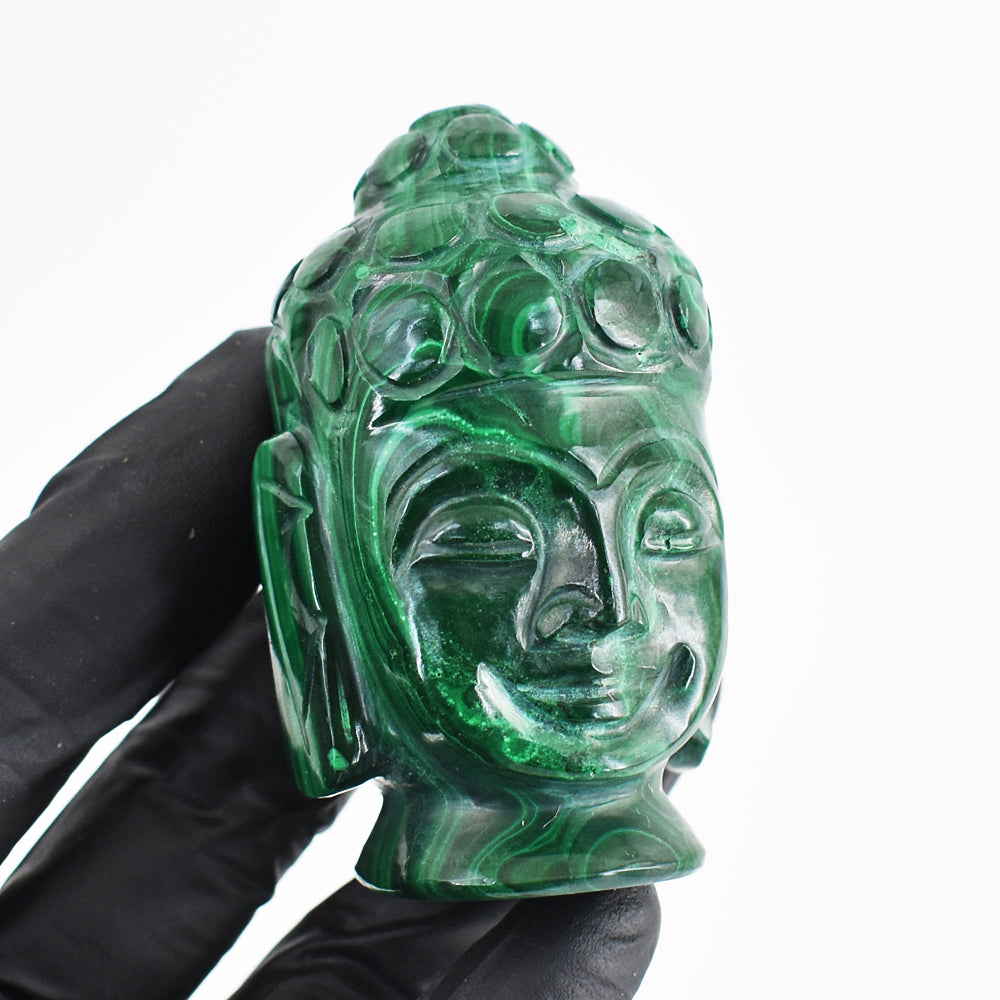 Stunning 986.00 Cts Genuine Malachite Hand Carved Crystal Gemstone Buddha Head Carving