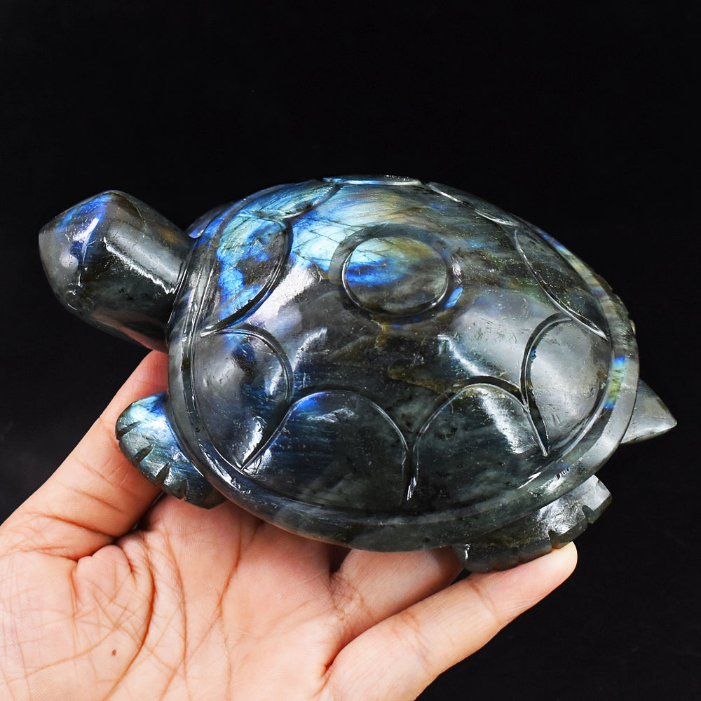 Exclusive 2940.00 Carats Genuine  Blue Flash Labradorite Hand Carved Crystal Gemstone Turtle Carving