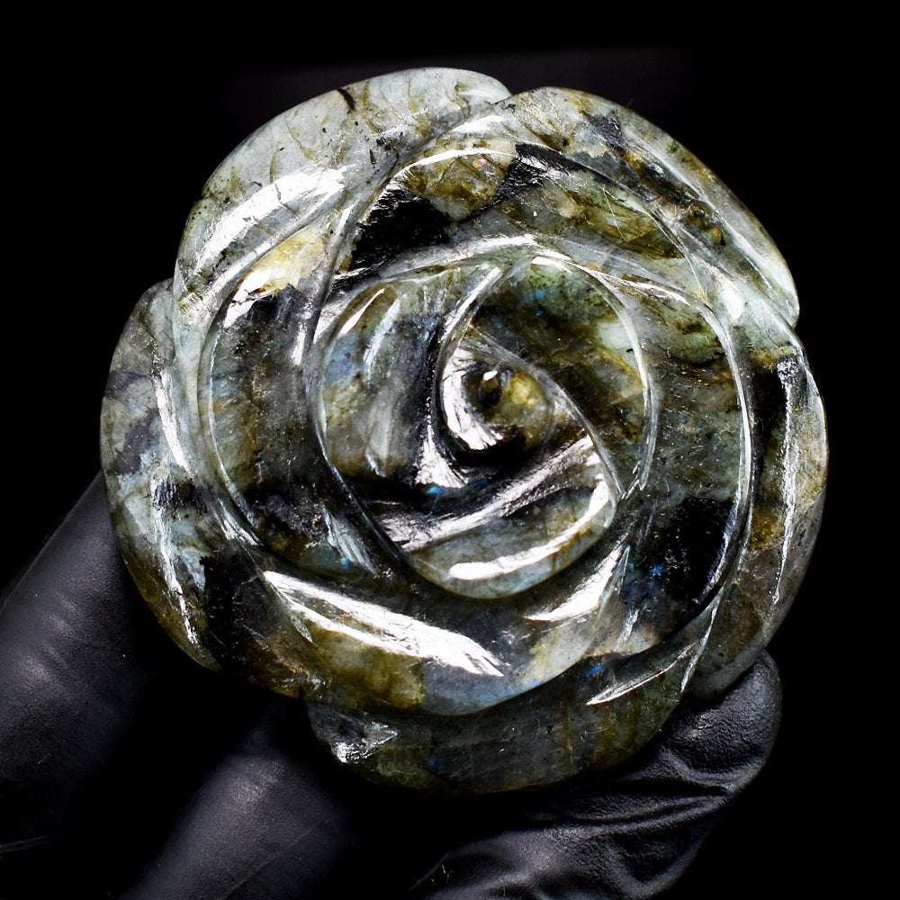 Exclusive 569.00 Carats Genuine Blue Flash Labradorite Hand Carved Gemstone Crystal Rose Carving