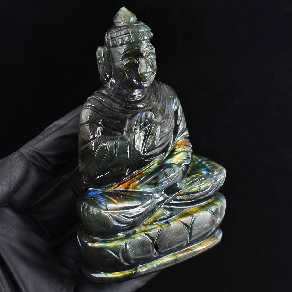 Genuine 1652.00 Cts Golden Flash Labradorite Hand Carved Crystal Gemstone Buddha Idol Carving