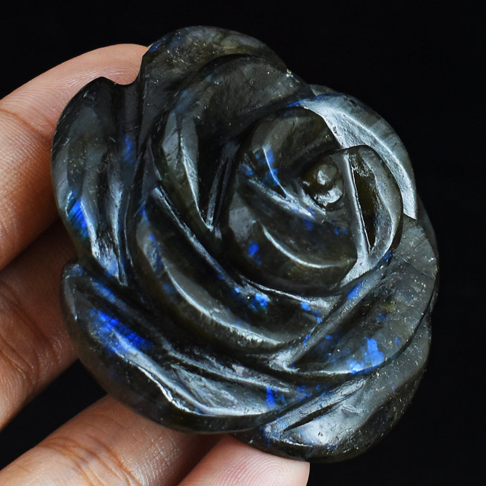 Exclusive Blue Flash Labradorite  337.00 Carats  Genuine  Hand Carved  Gemstone  Rose Flower Carving