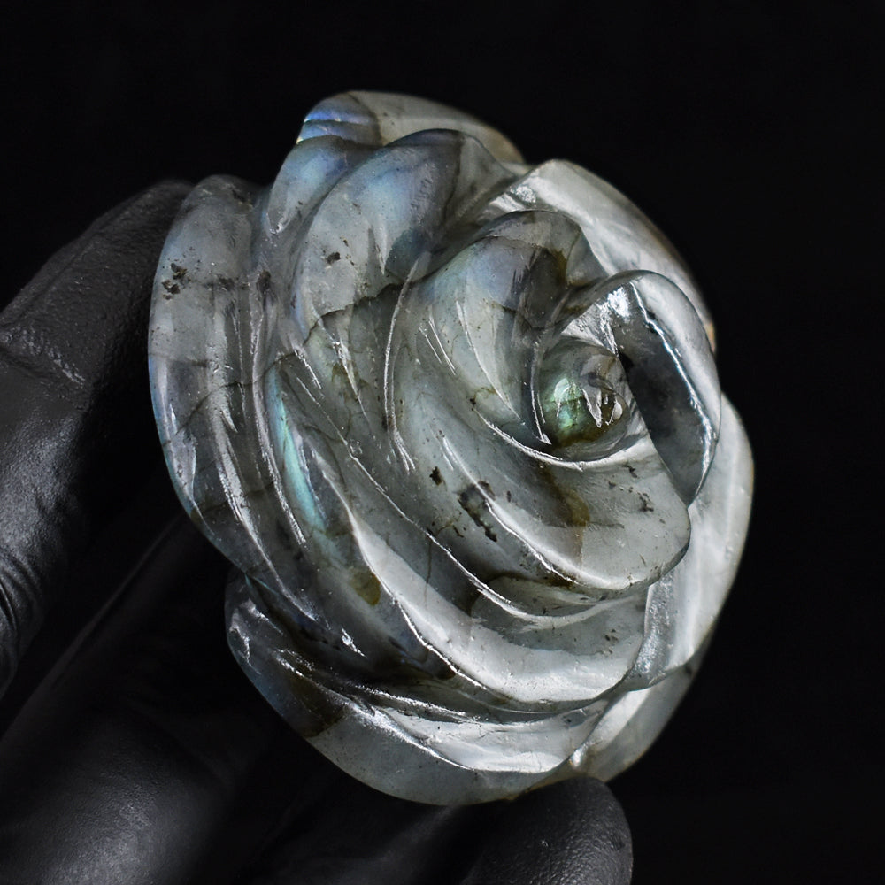 Natural 627.00 Cts Genuine Blue Flash Labradorite Hand Carved Crystal Gemstone Rose Carving