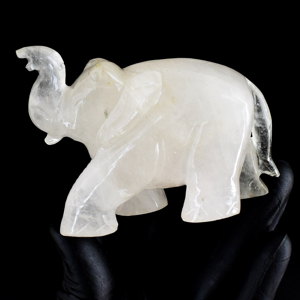 Gorgeous 1107.00  Carats Genuine White Quartz Hand Carved Crystal Gemstone Elephant Carving