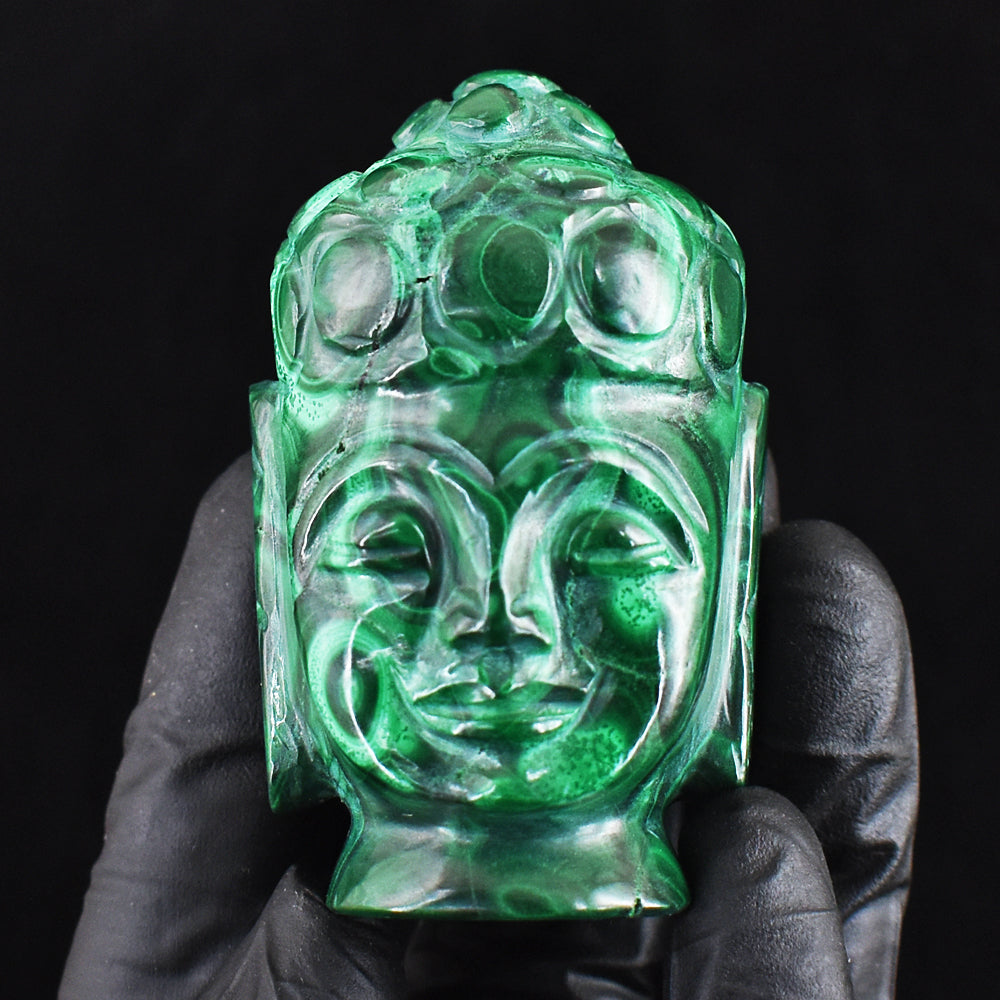 Genuine 846.00 Carats Artisian Malachite Hand Carved Crystal Gemstone Buddha Head Carving