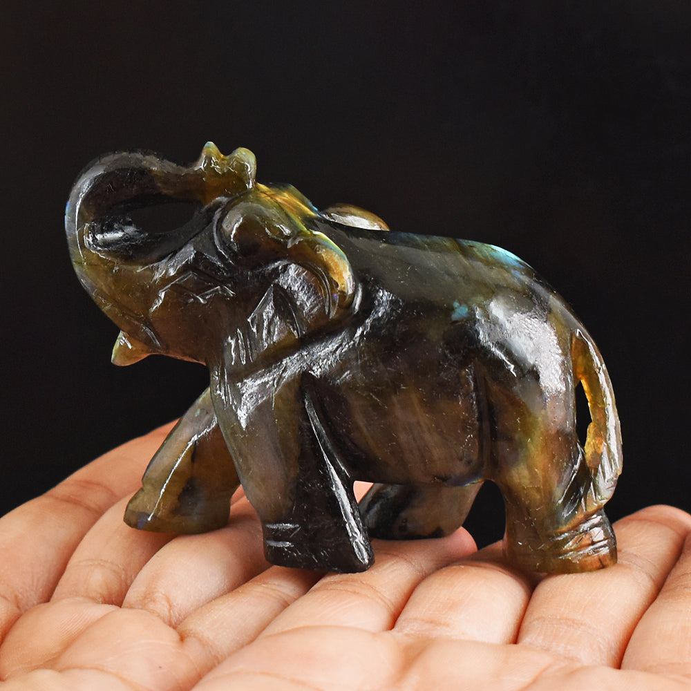 Craftsmen 694.00 Cts Genuine  Labradorite  Hand Carved Crystal Gemstone Carving  Elephant