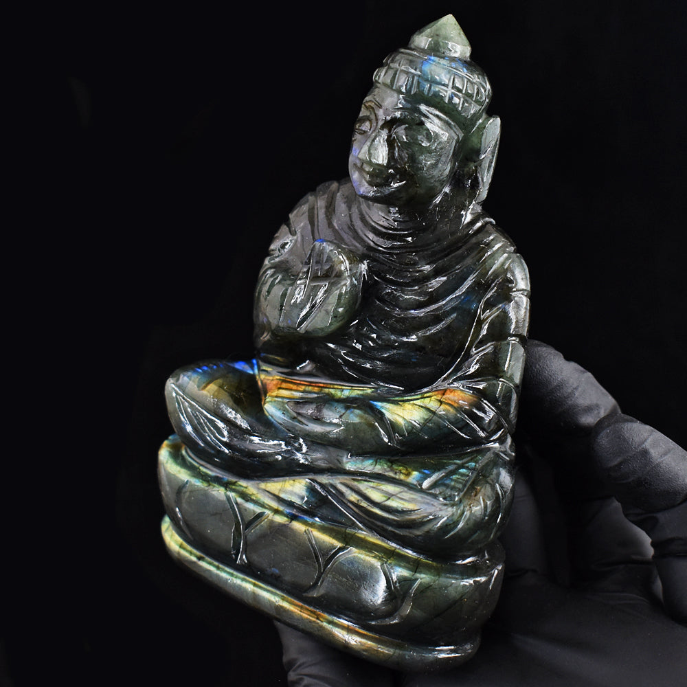 Genuine 1652.00 Cts Golden Flash Labradorite Hand Carved Crystal Gemstone Buddha Idol Carving