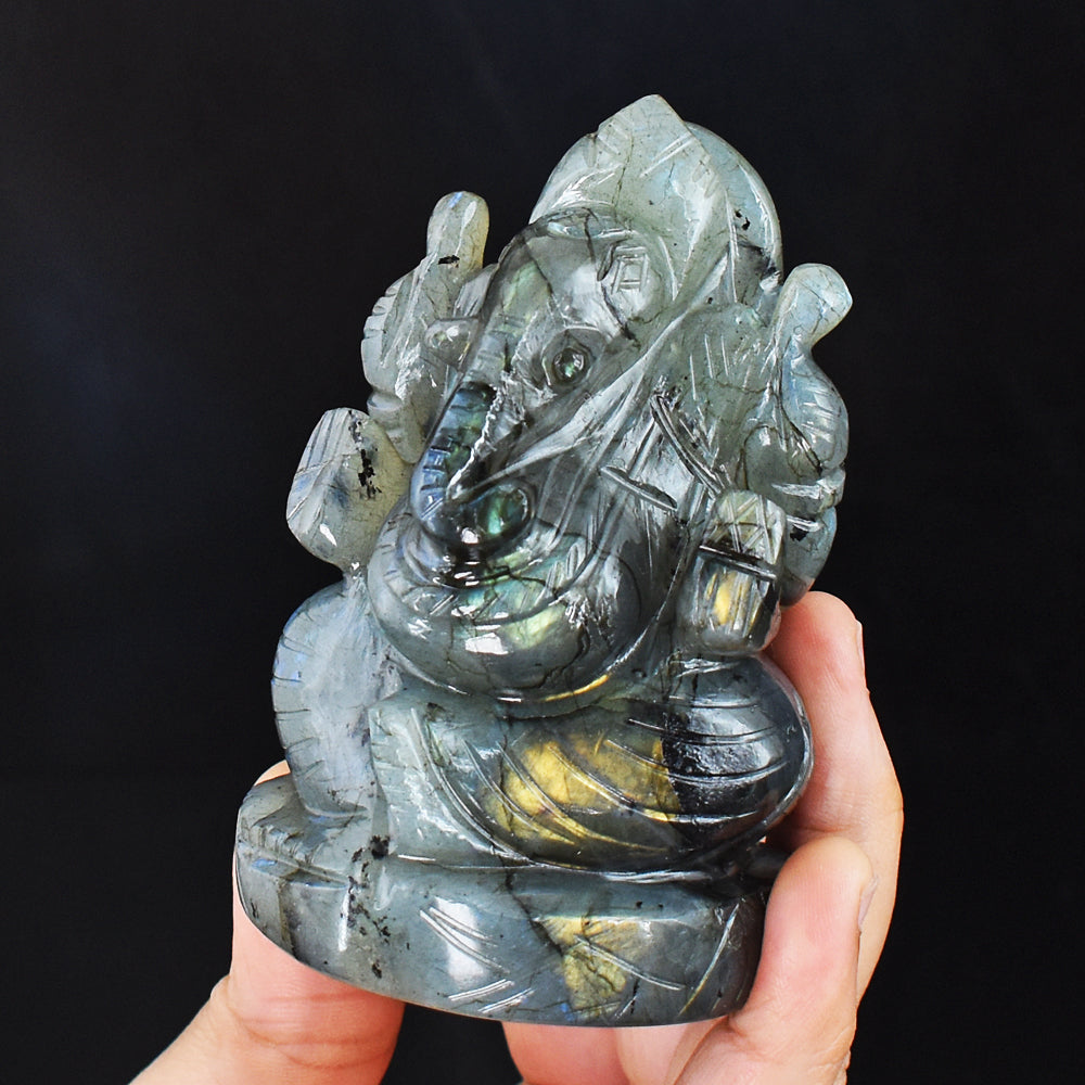 Exclusive 1541.00 Cts  Genuine  Amazing Flash Labradorite Hand Carved Crystal Gemstone Carving Lord Ganesha