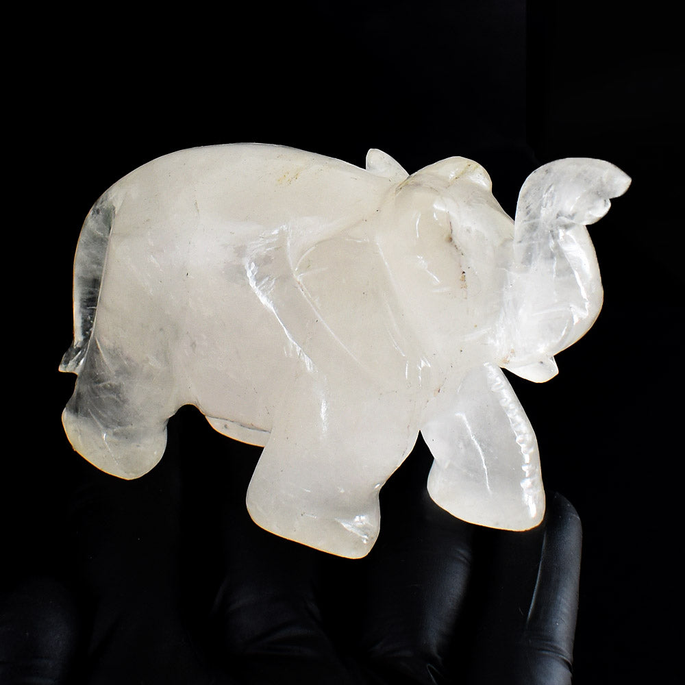 Gorgeous 1107.00  Carats Genuine White Quartz Hand Carved Crystal Gemstone Elephant Carving