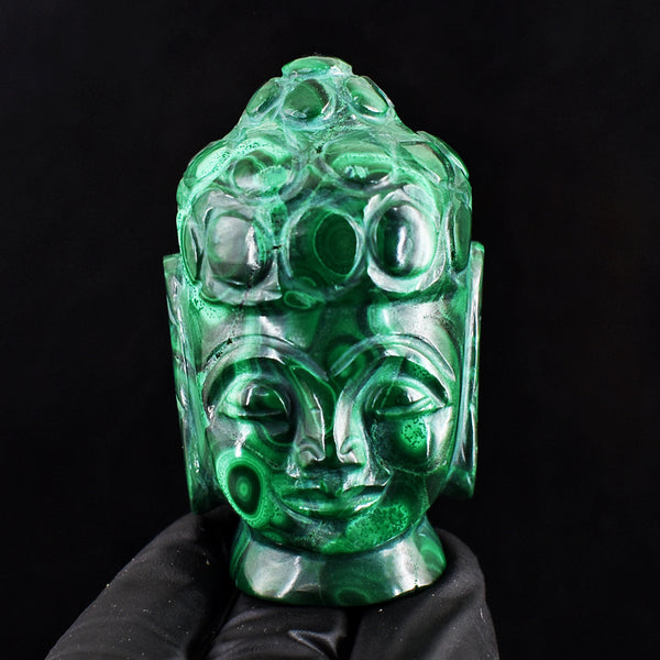 Genuine 846.00 Carats Artisian Malachite Hand Carved Crystal Gemstone Buddha Head Carving