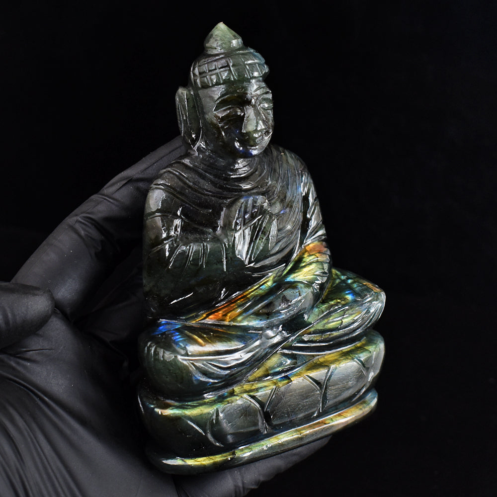 Genuine 1652.00 Cts Golden Flash Labradorite Hand Carved Crystal Gemstone Buddha Idol Carving