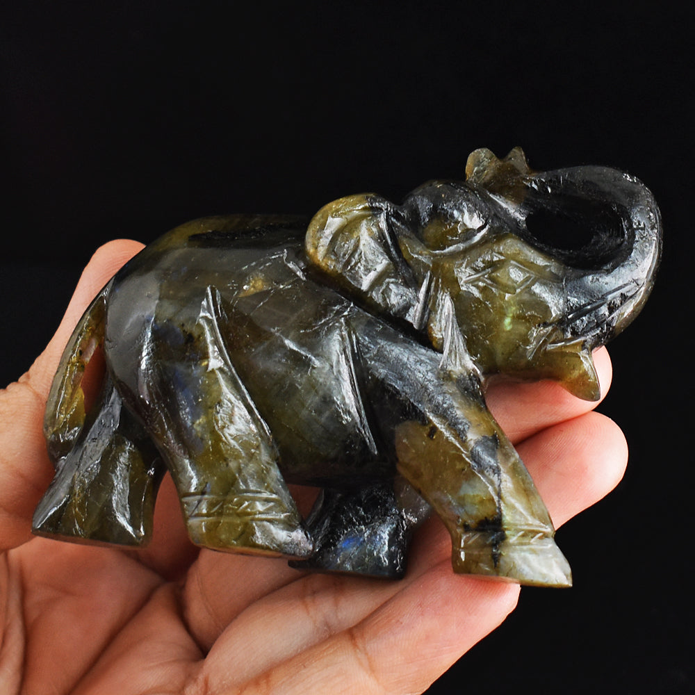 Craftsmen 694.00 Cts Genuine  Labradorite  Hand Carved Crystal Gemstone Carving  Elephant