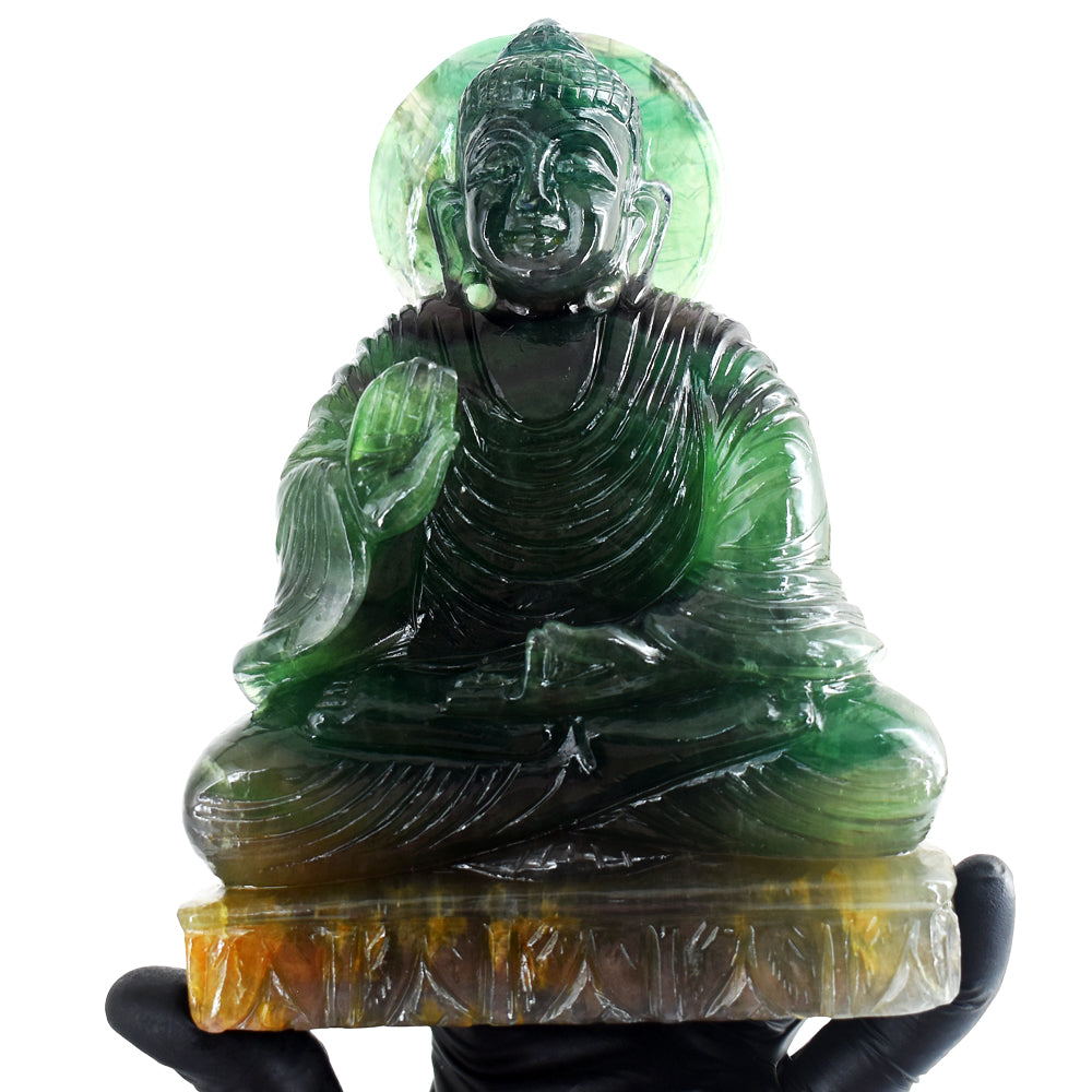 Artisian 7372.00 Cts Genuine Multicolor Fluorite Hand Carved Crystal Gemstone Buddha Statue Carving