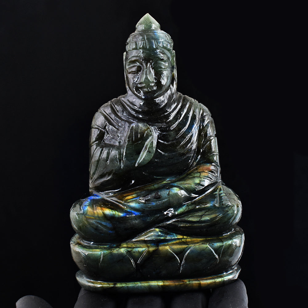 Genuine 1652.00 Cts Golden Flash Labradorite Hand Carved Crystal Gemstone Buddha Idol Carving