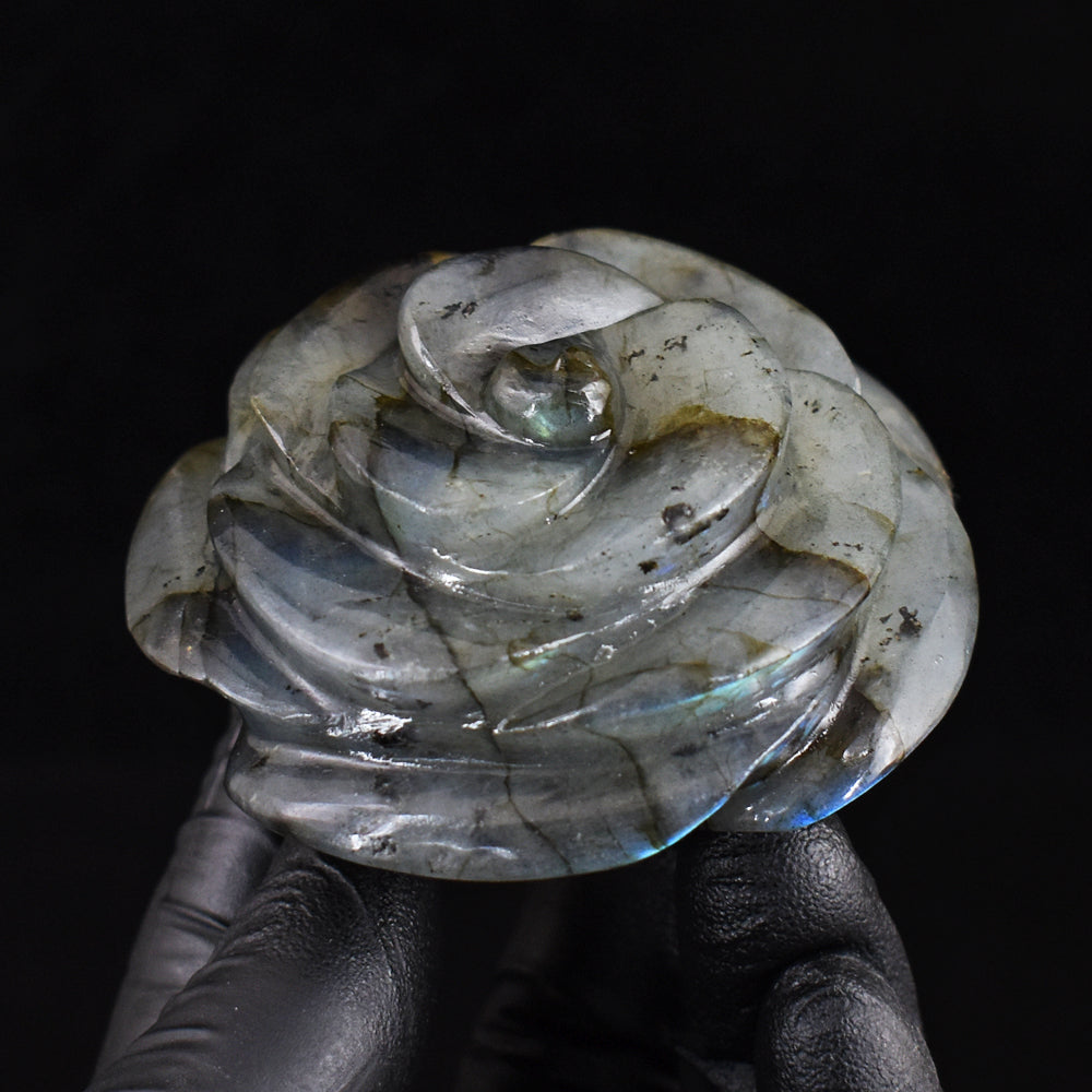 Natural 627.00 Cts Genuine Blue Flash Labradorite Hand Carved Crystal Gemstone Rose Carving