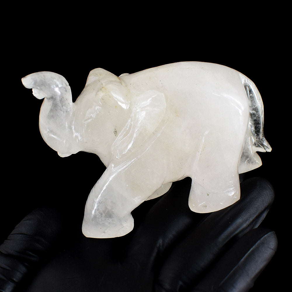 Gorgeous 1107.00  Carats Genuine White Quartz Hand Carved Crystal Gemstone Elephant Carving