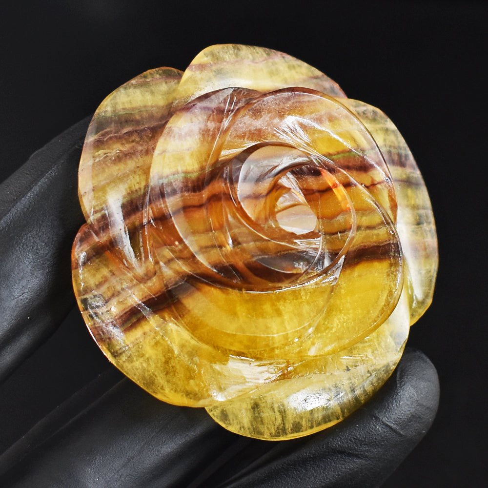 Craftsmen 363.00 Cts Genuine  Multicolor Fluorite Hand Carved Gemstone Rose Carving