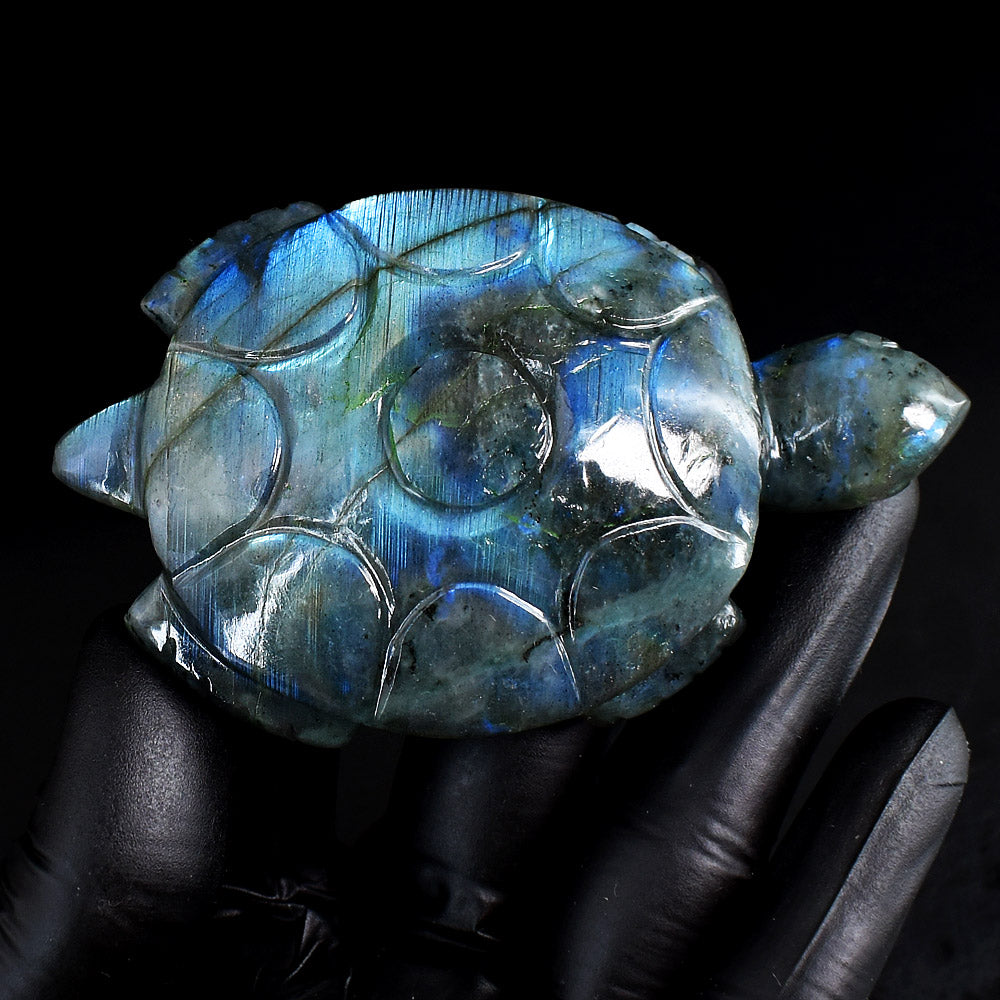 Beautiful 624.00 carats Genuine Blue Flash Labradorite Hand Carved Gemstone Crystal Turtle Carving