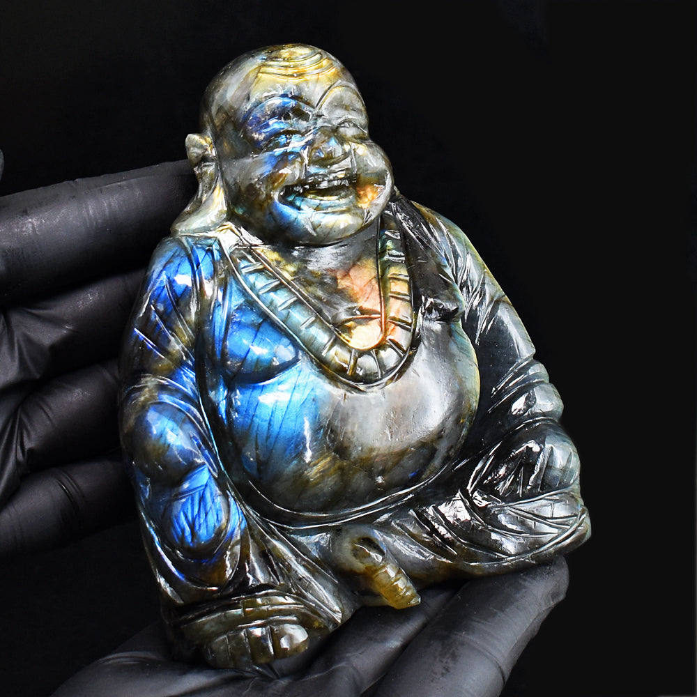 Beautiful 3343.00 Cts Genuine Amazing Flash Labradorite Hand Carved Crystal Laughing Buddha Gemstone Carving