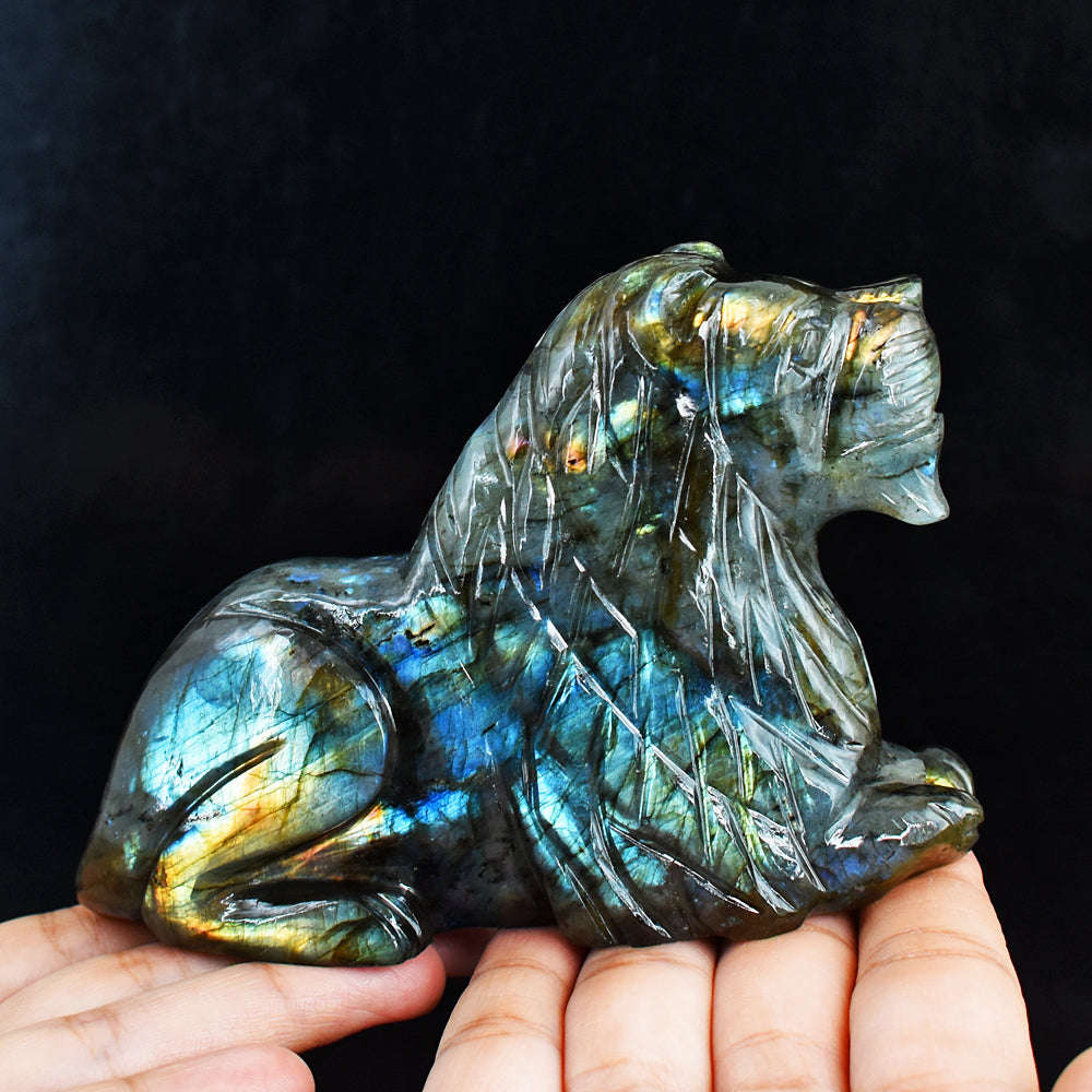 Awesome 2157.00  Cts  Genuine Amazing Flash Labradorite Hand Carved Crystal Gemstone Carving Lion