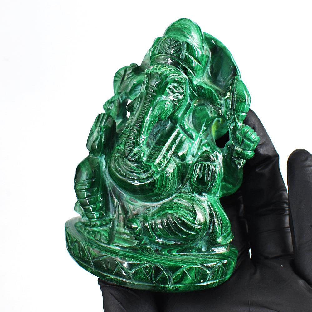 Beautiful 2134.00 Cts Genuine Malachite Hand Carved Crystal Lord Ganesha Gemstone Carving