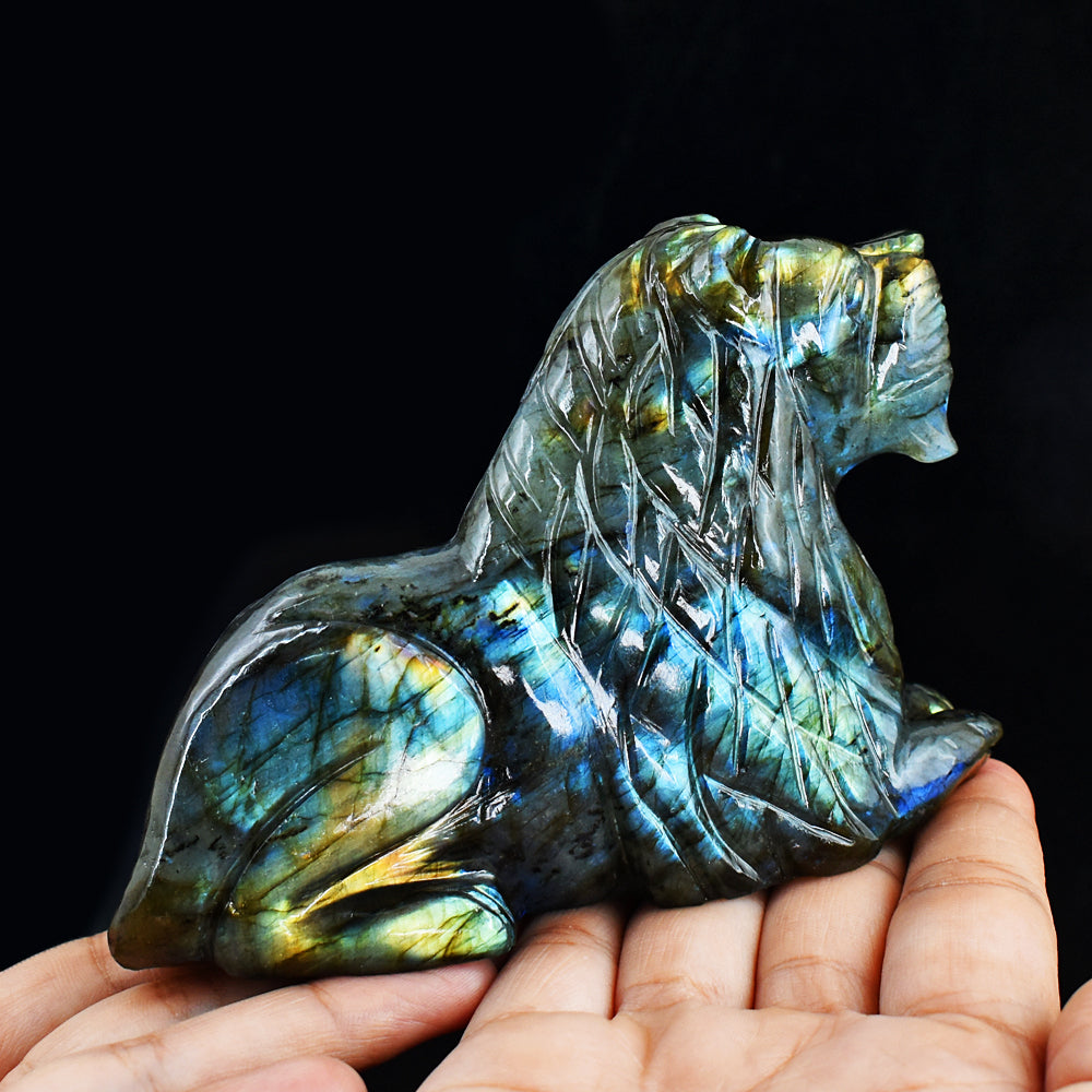 Awesome 2157.00  Cts  Genuine Amazing Flash Labradorite Hand Carved Crystal Gemstone Carving Lion