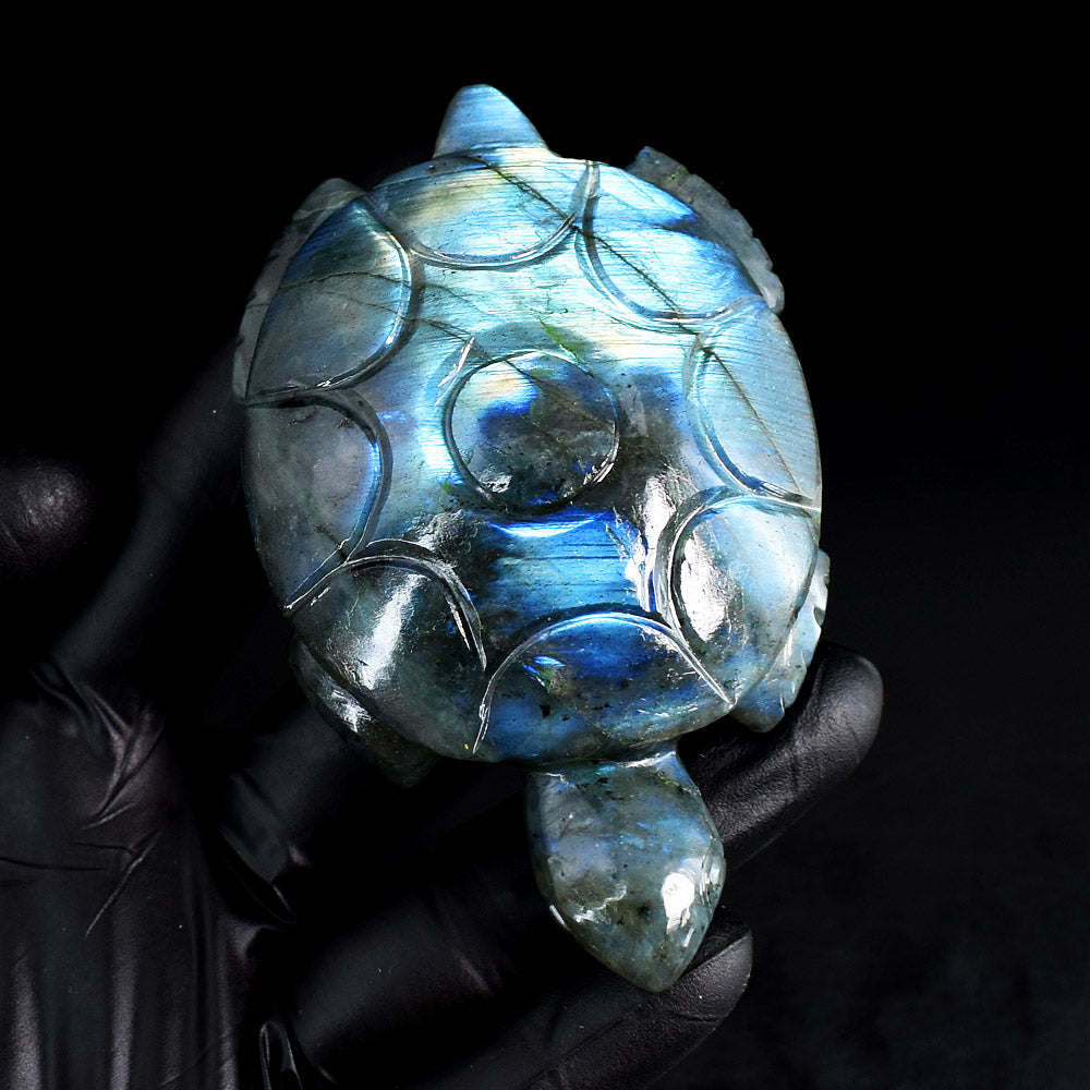 Beautiful 624.00 carats Genuine Blue Flash Labradorite Hand Carved Gemstone Crystal Turtle Carving