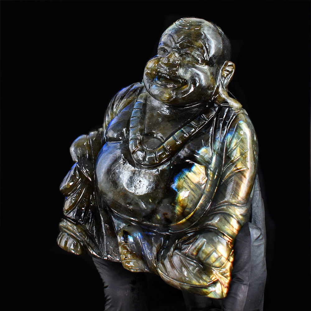 Beautiful 3343.00 Cts Genuine Amazing Flash Labradorite Hand Carved Crystal Laughing Buddha Gemstone Carving