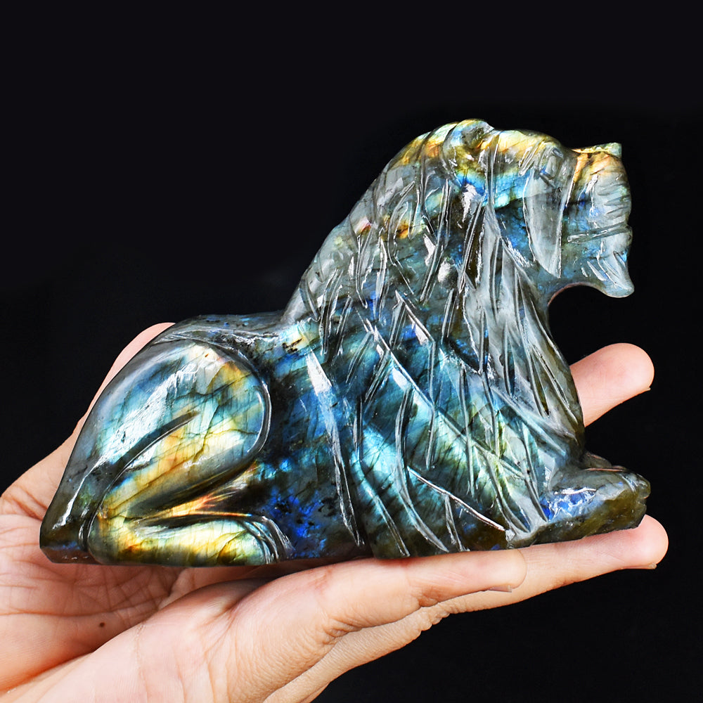 Awesome 2157.00  Cts  Genuine Amazing Flash Labradorite Hand Carved Crystal Gemstone Carving Lion