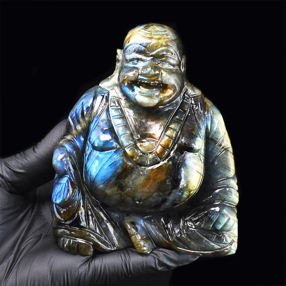 Beautiful 3343.00 Cts Genuine Amazing Flash Labradorite Hand Carved Crystal Laughing Buddha Gemstone Carving