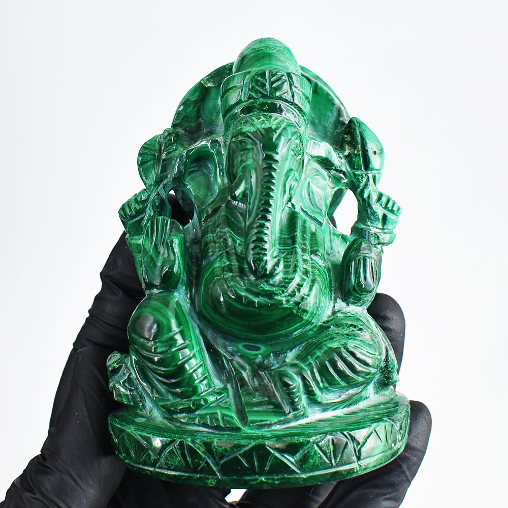 Beautiful 2134.00 Cts Genuine Malachite Hand Carved Crystal Lord Ganesha Gemstone Carving