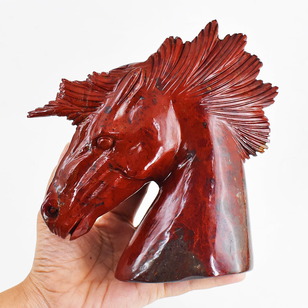 Beautiful 7050.00 Cts Genuine Red Jasper Hand Carved Carved Unicorn Head Gemstone Carving