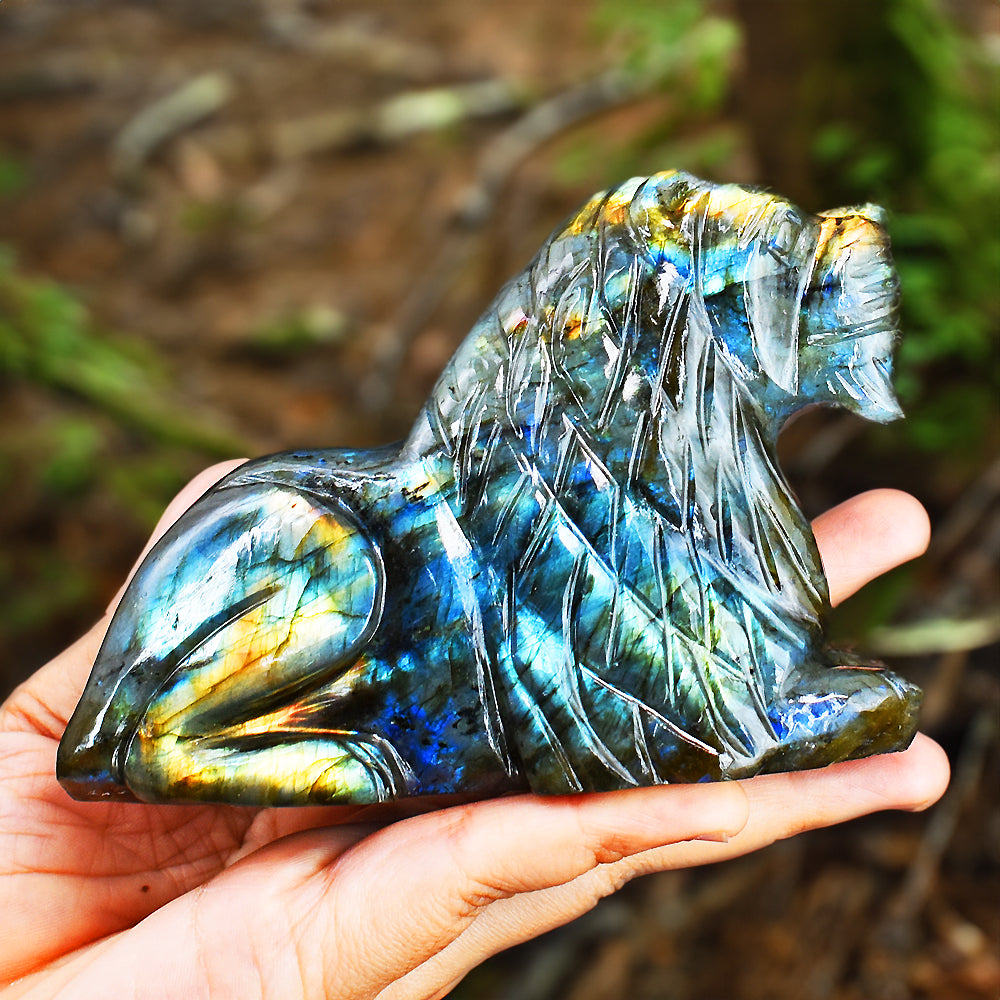 Awesome 2157.00  Cts  Genuine Amazing Flash Labradorite Hand Carved Crystal Gemstone Carving Lion